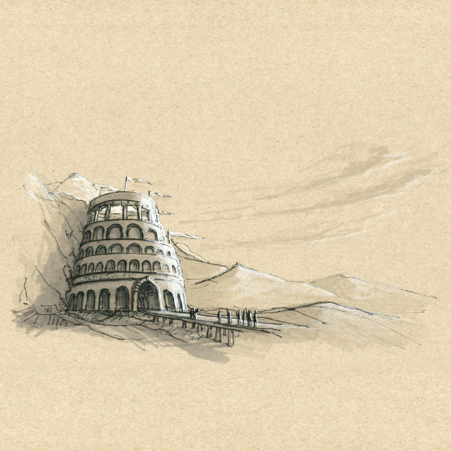 Pen and marker environment sketch on toned paper